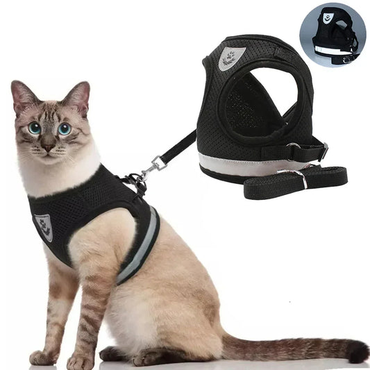Reflective Mesh Cat & Small Dog Harness with Leash Set – Escape Proof, Adjustable